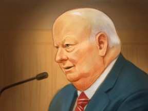 In this artist's sketch, Sen. Mike Duffy, a former member of the Conservative caucus, testifies at his trial in Ottawa.