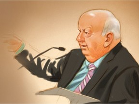 Sen. Mike Duffy testifies at his criminal trial in Ottawa on Thursday, December 17, 2015, in this courtroom sketch.