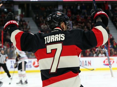 Kyle Turris celebrates a first-period goail against the Chicago Blackhawks.