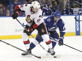 Ottawa Senators left wing Mike Hoffman (68) controls the pucks against Tampa Bay Lightning right wing Nikita Kucherov (86), of Russia, during the first period of an NHL hockey game, Sunday, Dec. 20, 2015, in Tampa, Fla.