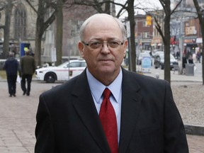 Senate Speaker George Furey arrives at the Ottawa courthouse on Monday to testify in the trial of Sen. Mike Duffy.