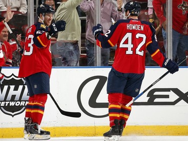 Corban Knight #53 of the Florida Panthers celebrates his goal with teammate Quinton Howden #42 during the second period.