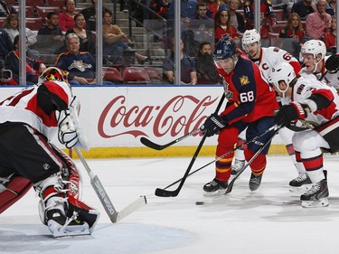 Jaromir Jagr #68 of the Florida Panthers skates in on Goaltender Craig Anderson #41 of the Ottawa Senators during first period action.