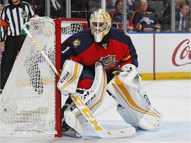 Goaltender Roberto Luongo #1 of the Florida Panthers defends the net against the Ottawa Senators during second period action.