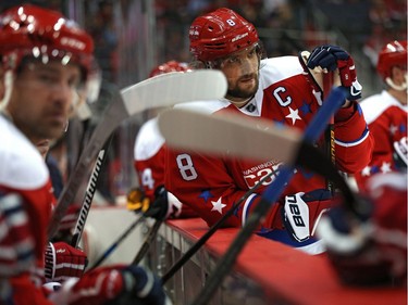 Alex Ovechkin #8 of the Washington Capitals looks on during a stoppage in play in the first period.