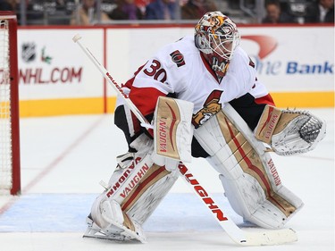 Goalie Andrew Hammond #30 of the Ottawa Senators looks to make a save in the second period.
