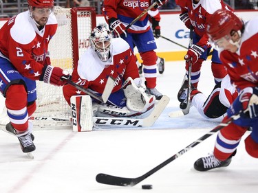 Goalie Braden Holtby #70 of the Washington Capitals tends the net in the third period.
