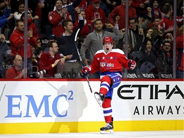 Michael Latta #46 of the Washington Capitals celebrates after scoring a first period goal.