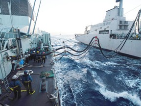 Her Majesty’s Canadian Ship (HMCS) Toronto conducts a Replenishment At Sea (RAS) with the Spanish Navy supply ship SPS Patino A14 on October 19, 2014 during Operation REASSURANCE in the Mediterranean Sea. 

Photo: Maritime Task Force - OP Reassurance, DND HS2014-A154-011
