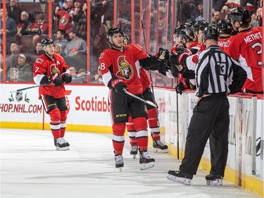 Mike Hoffman #68 of the Ottawa Senators celebrates his second period goal.