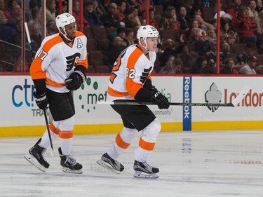 Evgeny Medvedev #82 of the Philadelphia Flyers celebrates his first career NHL goal.