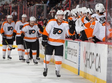 Shayne Gostisbehere #53 of the Philadelphia Flyers celebrates his first period goal.