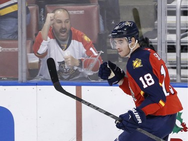 Florida Panthers right wing Reilly Smith (18) celebrates his goal during the second period.