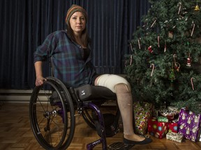 Sarah Stott, a year after a horrific train accident in Montreal cost her her right leg, half of her left, and most of her fingers.