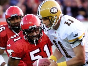 Hall of Fame Calgary Stampeder linebacker Alondra Johnson, seen here in game action in 2002, has joined a class-action lawsuit against the league.