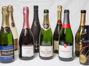 Sparkling wines including  Nicolas Feuillate, Freixenet Cava, Peller Estates Ice Cuvée Rose, Freixenet Cava Negro, Veuve Ambal, Valdobbiadene Prosecco, Flat Rock Cellars Riddled, Villa Sandi Prosecco and Freixenet Mini Black