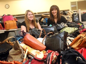 Sylvie Reaney (R) and Heidi Danson (L) started a campaign to accept donated purses. Their project challenges women to look in their closets, dig up their un-used purses, fill them with sanitary products for women and donate them.