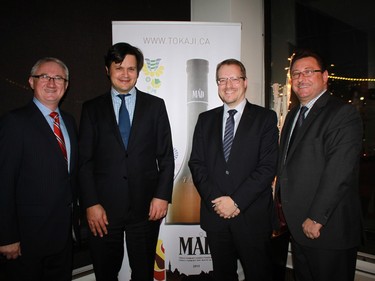 The Hungarian embassy, in collaboration with Santé Restaurant, held a Hungarian cuisine and tourism event on Nov. 17. From left, sommelier Joseph Safian, Hungarian  Ambassador  Bálint Ódor; László Sinka, Hungary's economic and trade commissioner; and Sándor Balla, owner of Tokaji Wine Boutique + Restaurant in Toronto;. Photograph by Ulle Baum