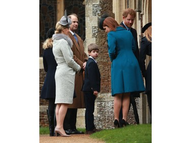 Sophie, Countess of Wessex, Prince Edward, Earl of Wessex and James, Viscount Severn attend a Christmas Day church service at Sandringham on December 25, 2015 in King's Lynn, England.