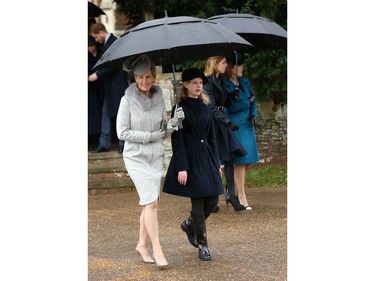 Sophie, Countess of Wessex and Lady Louise Windsor attend a Christmas Day church service at Sandringham on December 25, 2015 in King's Lynn, England.