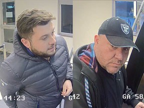 Gatineau police released these security camera images Dec 14 2015. Police say the men had equipment to copy the information from customers' cards at several ATMs belonging to the Caisse populaire Desjardins, police said. The equipment also allowed them to record the PIN numbers that customers entered,
One man is said to be 25 to 35 years old, with brown hair and beard and a grey winter coat. The other is aged 40 to 50, with a shaved head and a few days of scruffy beard growth. He wore a black coat and an Oakland Raiders cap.