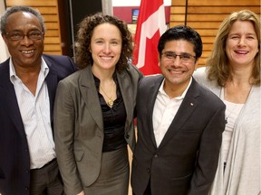 Yassir Naqvi, MPP for Ottawa Centre (second from right), announced  $1.3 million in funding Monday for three Ottawa initiatives supporting refugee sponsorship Monday at the University of Ottawa.  Organizers of those initiatives included (from left): Carl Nicholson, Executive Director for the Catholic Centre for Immigrants, which received $800,000; Katie Black, a lawyer with the U of O Refugee Sponsorship Support Program, which received $225,000, and Louisa Taylor, Director of Refugee 613, which received $300,000 in funding.