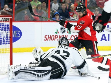Zack Smith of the Ottawa Senators is robbed by Jonathan Quick of the Los Angeles Kings during first period action.