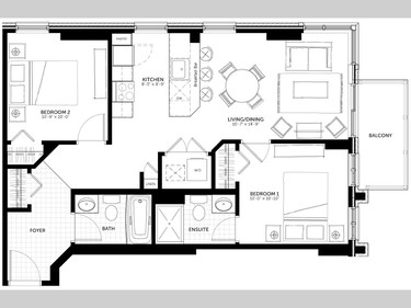 Floor plan of The Murray, an 830-square-foot two-bedroom.