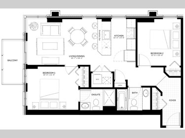 Floor plan of The Rose, an 865-square-foot two-bedroom.