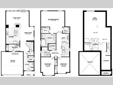 Floor plan of the Amherst single. The two-storey is 2,215 square feet with three bedrooms and a loft or four bedrooms.