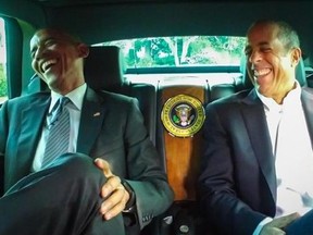 This framegrab image provided by Crackle and comediansincarsgettingcoffee.com, shows President Barack Obama with Jerry Seinfeld in a scene from a “Comedians in Cars Getting Coffee.” The president and Seinfeld compare cars and trade one-liners in a 19-minute episode of “Comedians In Cars Getting Coffee.” The episode began airing Wednesday night. (Crackle and comediansincarsgettingcoffee.com via AP)