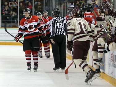 Ben Fanjoy #8 of the Ottawa 67's celebrates his second period power-play goal against the Peterborough Petes.