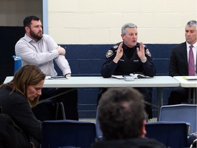 Community meeting held by Coun. Jody Mitic (L), Staff Sergeant Brad Hampson and Inspector Christopher Renwick (R) were on hand to discuss recent shooting in Blackburn Hamlet in Ottawa, January 21, 2016.