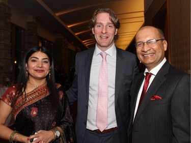 Event committee member Raina Sharma with Business Development Bank vice president Dwayne Dulmage and Indian High Commissioner Vishnu Prakash at an inaugural gala evening supporting Free The Children's Adopt A Village India, held at the Hilton Lac Leamy on Saturday, January 30, 2016. (Caroline Phillips / Ottawa Citizen)