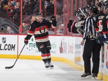 OTTAWA, ON - JANUARY 7: Max McCormick #89 of the Ottawa Senators celebrates his first career NHL goal during the second period of a game against the Florida Panthers at Canadian Tire Centre on January 7, 2016 in Ottawa, Ontario, Canada.
