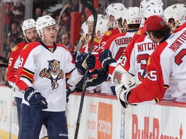 Reilly Smith #18 of the Florida Panthers celebrates his first period goal against the Ottawa Senators.