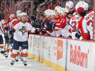 Vincent Trocheck #21 of the Florida Panthers celebrates his first period goal against the Ottawa Senators.