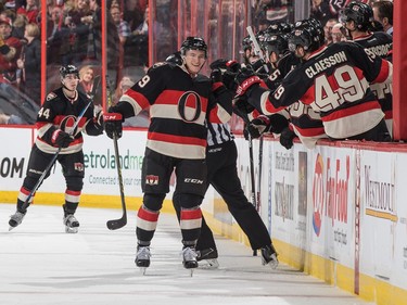 Max McCormick #89 of the Ottawa Senators celebrates his first career NHL goal during the second period.