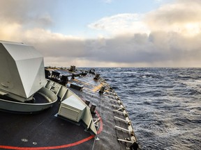 Her Majesty's Canadian Ship (HMCS) FREDERICTON crosses the North Atlantic Ocean to participate in Operation REASSURANCE, on January 9, 2016.

Photo: Corporal Anthony Chand, Formation Imaging Services  
HS2016-A002-020
~
Le Navire canadien de Sa Majesté (NCSM) FREDERICTON traverse l’Atlantique Nord afin de prendre part à l’opération REASSURANCE, le 9 janvier 2016.

Photo : Caporal Anthony Chand, Service d’imagerie de la formation 
HS2016-A002-020