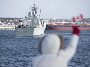 HMCS Charlottetown will leave Monday for Operation Reassurance. It will replace HMCS Fredericton. In this photo, family and friends attend the departure of HMCS Fredericton, in Halifax, on Tuesday, Jan. 5, 2016.