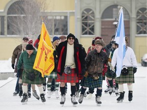 Kilt wearing skaters participate during the 2nd Annual Sir John A's Great Canadian Kilt Skate at Lansdowne Park skating court on Saturday, Jan. 16, 2016.