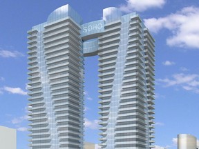 The proposal for this pair of 27-storey condo towers for Centretown is at the centre of a legal battle about whether height limits can be included in community design plans.