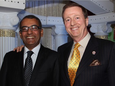 Nepean's newly elected Liberal MP Chandra Arya with committee member Michael Adams, senior vice president of Brookfield Soundvest Capital Management, at an inaugural gala evening supporting Free The Children's Adopt A Village India, held at the Hilton Lac Leamy on Saturday, January 30, 2016. (Caroline Phillips / Ottawa Citizen)