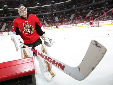 Andrew Hammond #30 of the Ottawa Senators leaves the ice after the warmup.