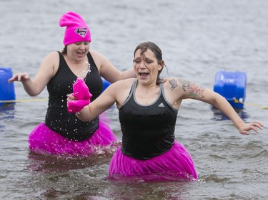 Nearly 100 people took part in the The Sears Great Canadian Chill also known as the "Polar Bear Dip" at Britannia Beach, January 1, 2016.