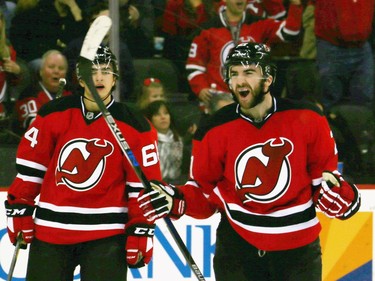 Kyle Palmieri #21 of the New Jersey Devils celebrates his second goal of the game at 11:23 of the first period on the power play.