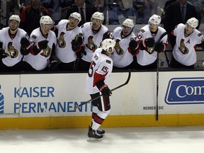 Zack Smith is congratulated by teammates after he scored on a penalty shot against Alex Stalock of the San Jose Sharks.