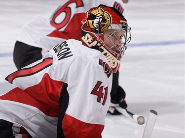 Craig Anderson #41 of the Ottawa Senators looks on during warm ups.