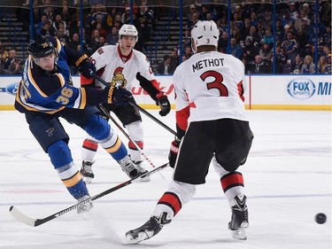 Troy Brouwer #36 of the St. Louis Blues shoots the puck.