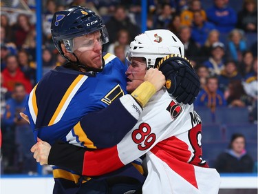 Senators winger Max McCormick scraps with the Blues' Carl Gunnarsson in a game on Monday. It was McCormick's third fight in the past five games.